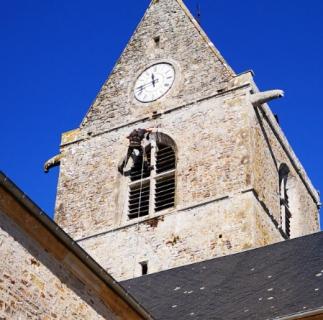 Nettoyage  de lierre sur clocher  d'église a Nehou dans la Manche